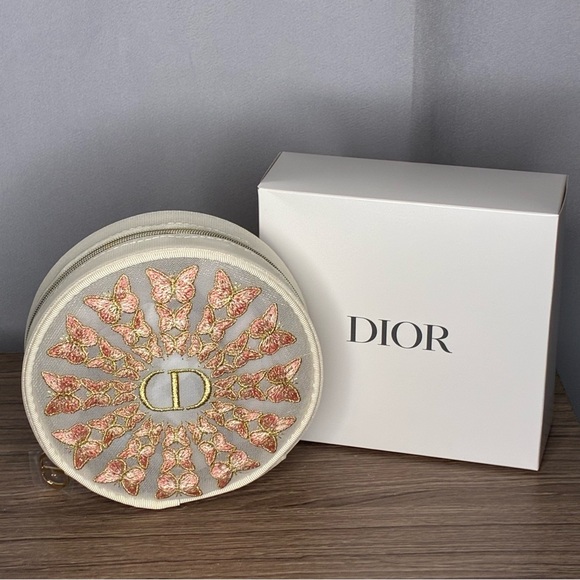 Dior Handbags - NWT Dior Embroidered Butterfly Round Mesh Cosmetic Pouch in Cream & Pink